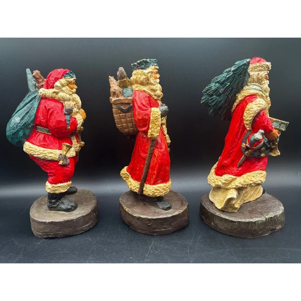 Old World Santa Claus Figurines Set of 3 Faux Wood Carved Resin 8
